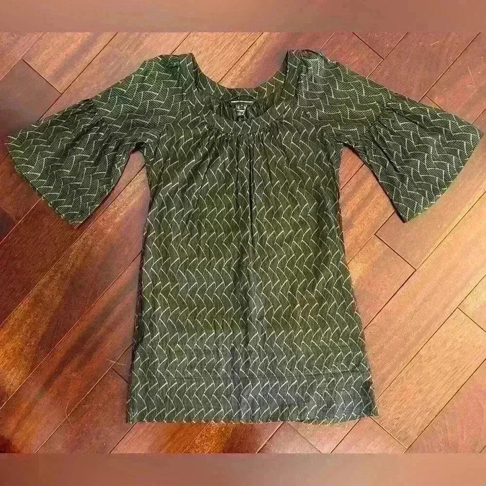 French Connection Cotton Dress Size 4 Green Grey Patterned Bell Sleeve